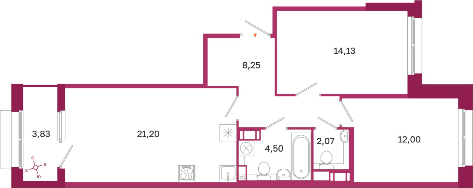 Планировка: 2-комнатная квартира, 62,2 м²