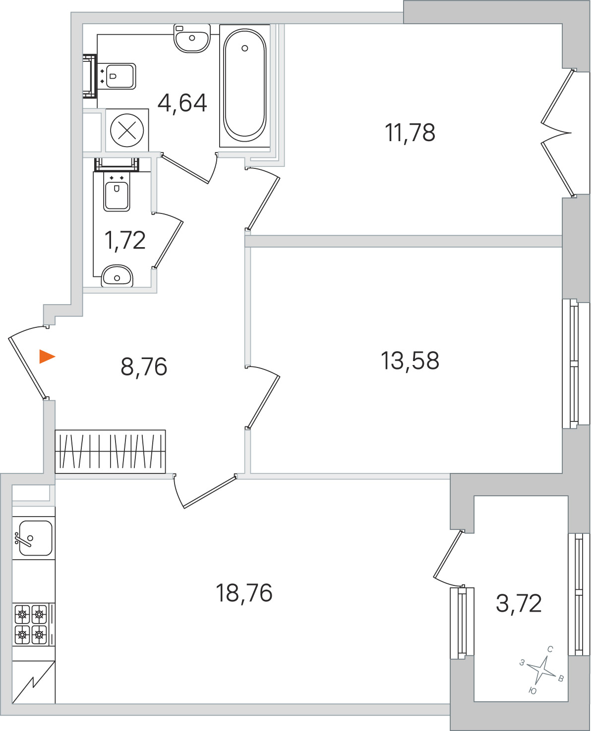 Планировка: 2-комнатная квартира, 59,2 м²
