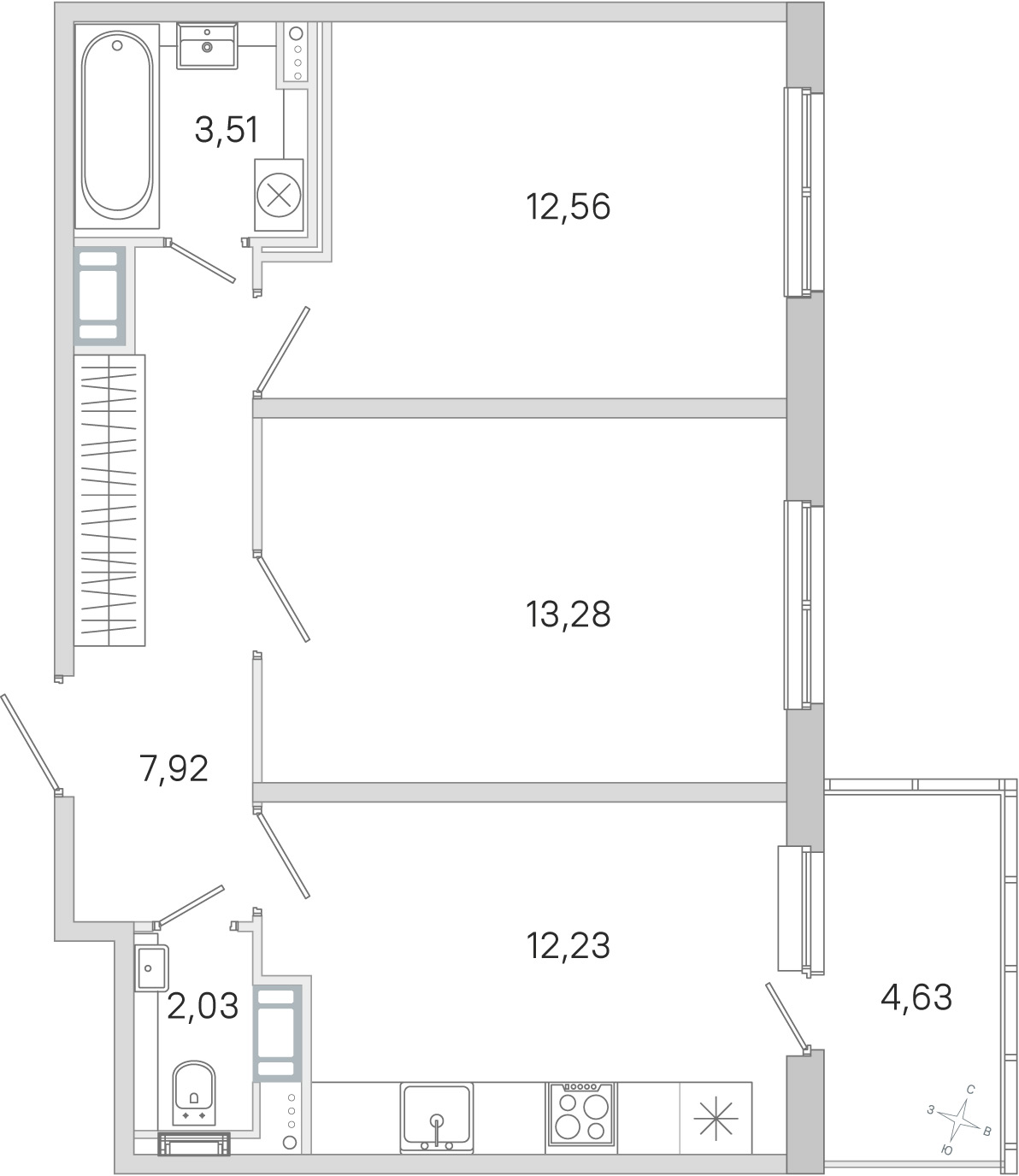 Планировка: 2-комнатная квартира, 51,5 м²