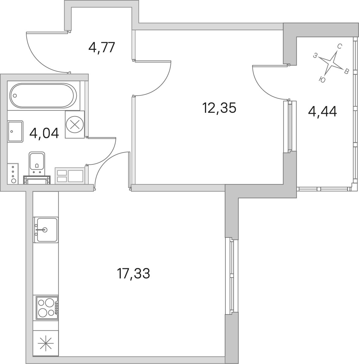 Планировка: 1-комнатная квартира, 38,5 м²