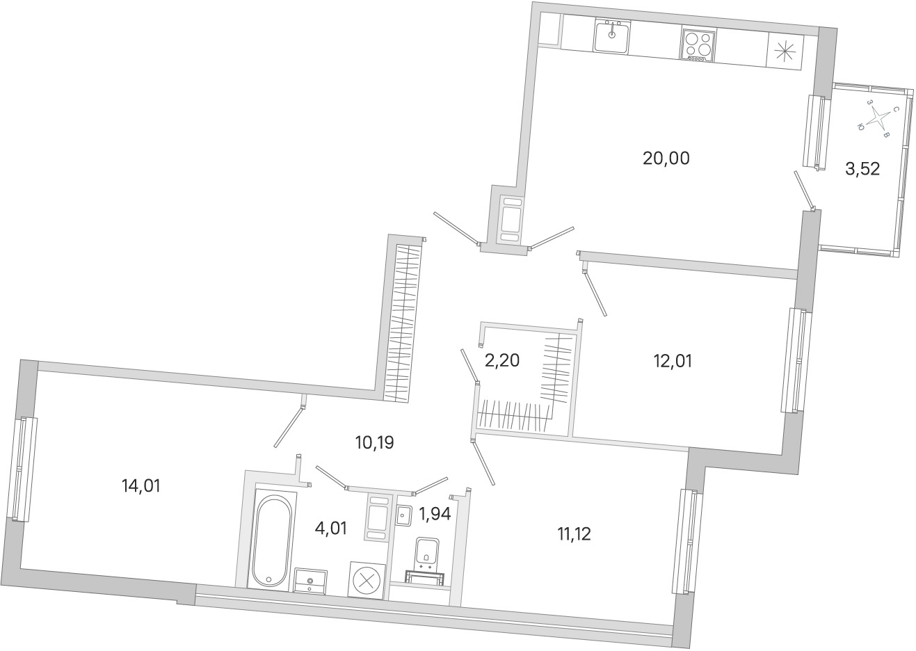 Планировка: 3-комнатная квартира, 75,5 м²