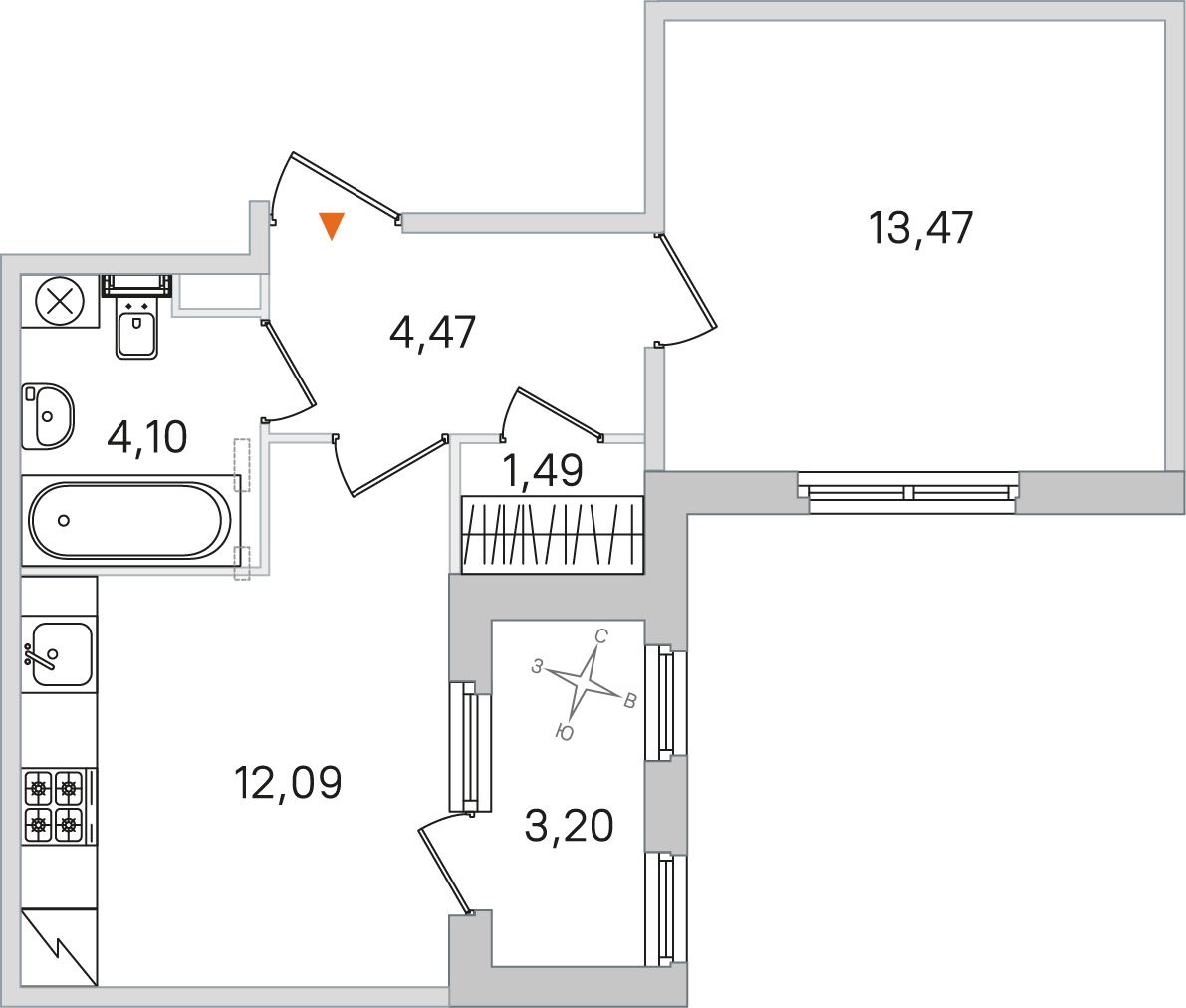 Планировка: 1-комнатная квартира, 35,6 м²