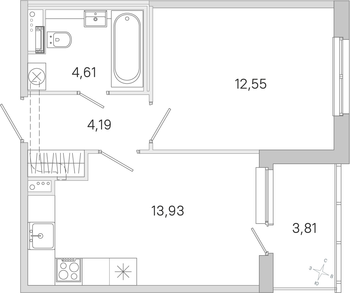Планировка: 1-комнатная квартира, 35,3 м²