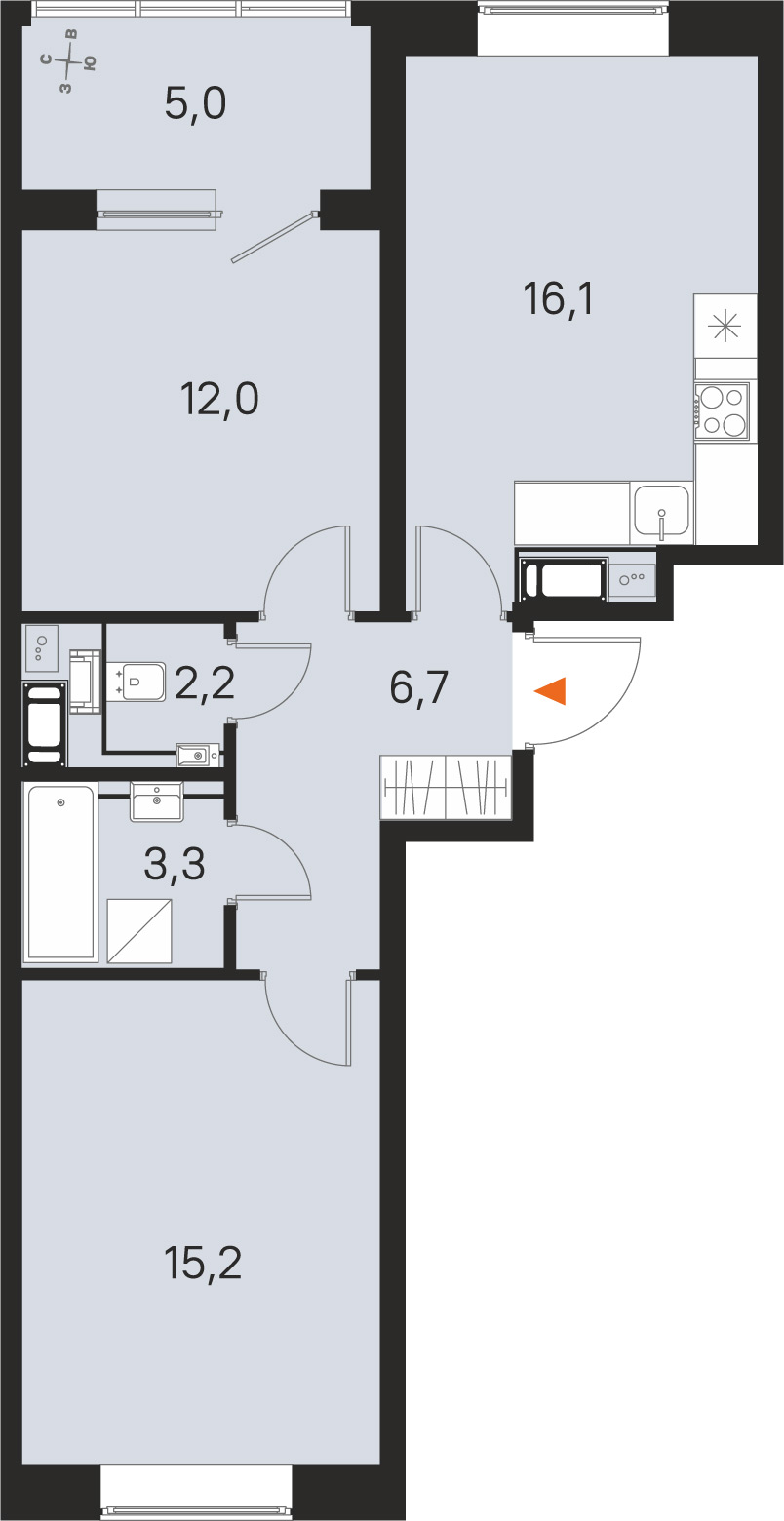 Планировка: 2-комнатная квартира, 55,5 м²