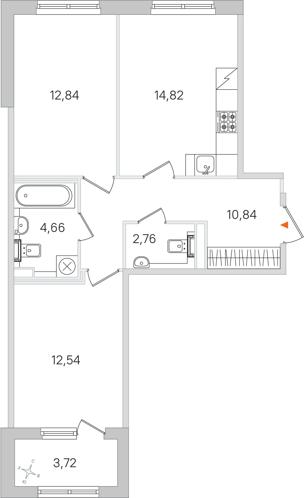 Планировка: 2-комнатная квартира, 58,5 м²