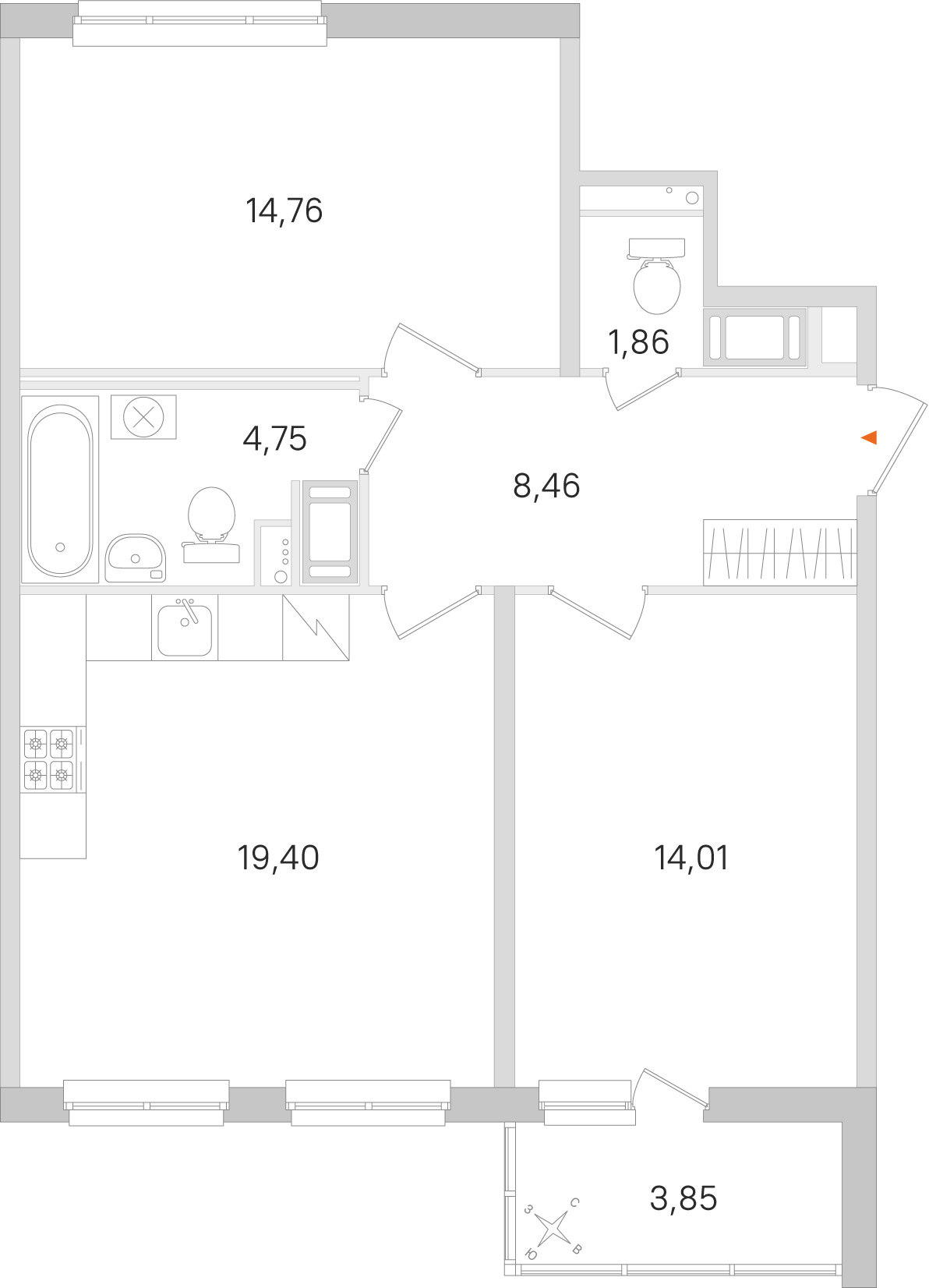 Планировка: 2-комнатная квартира, 63,2 м²