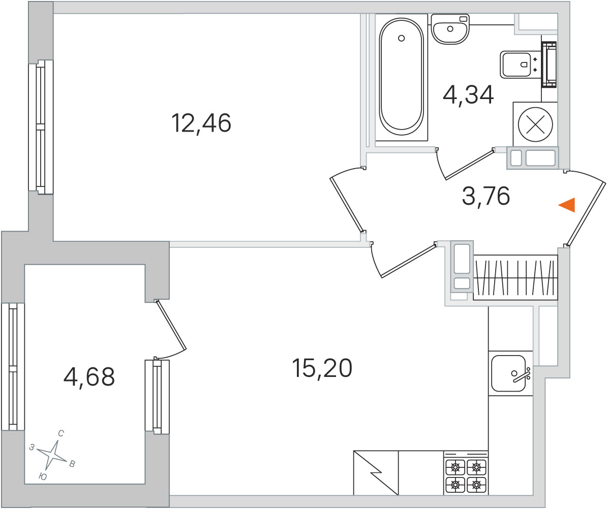 Планировка: 1-комнатная квартира, 35,8 м²