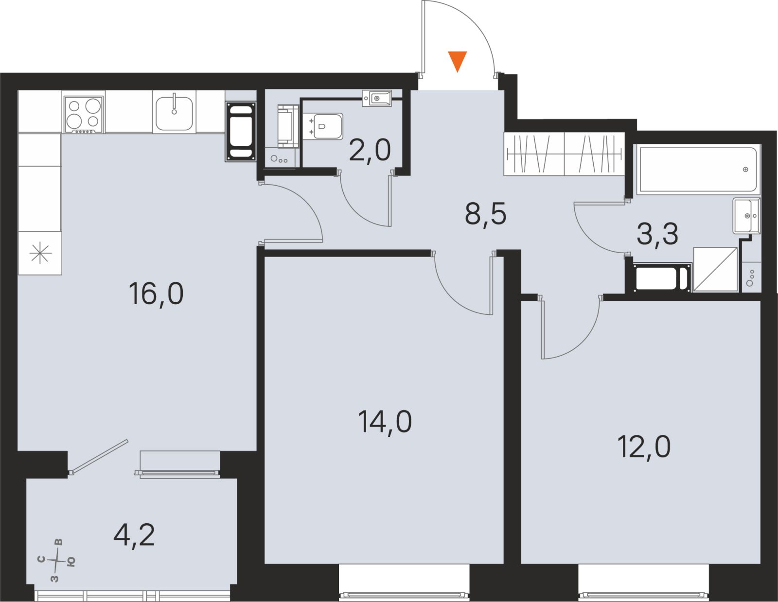 Планировка: 2-комнатная квартира, 55,8 м²