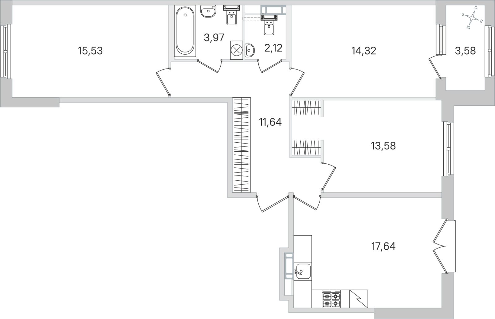 Планировка: 3-комнатная квартира, 78,8 м²
