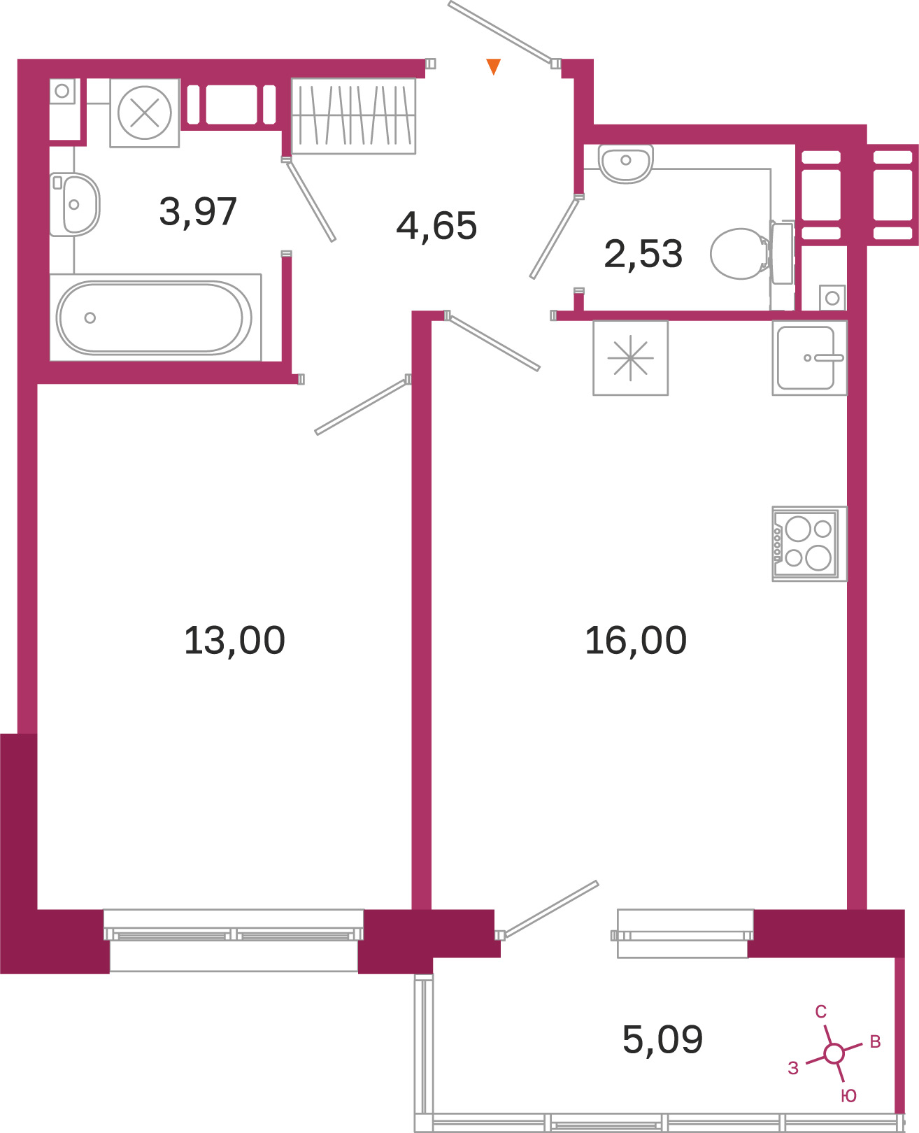 Планировка: 1-комнатная квартира, 40,2 м²