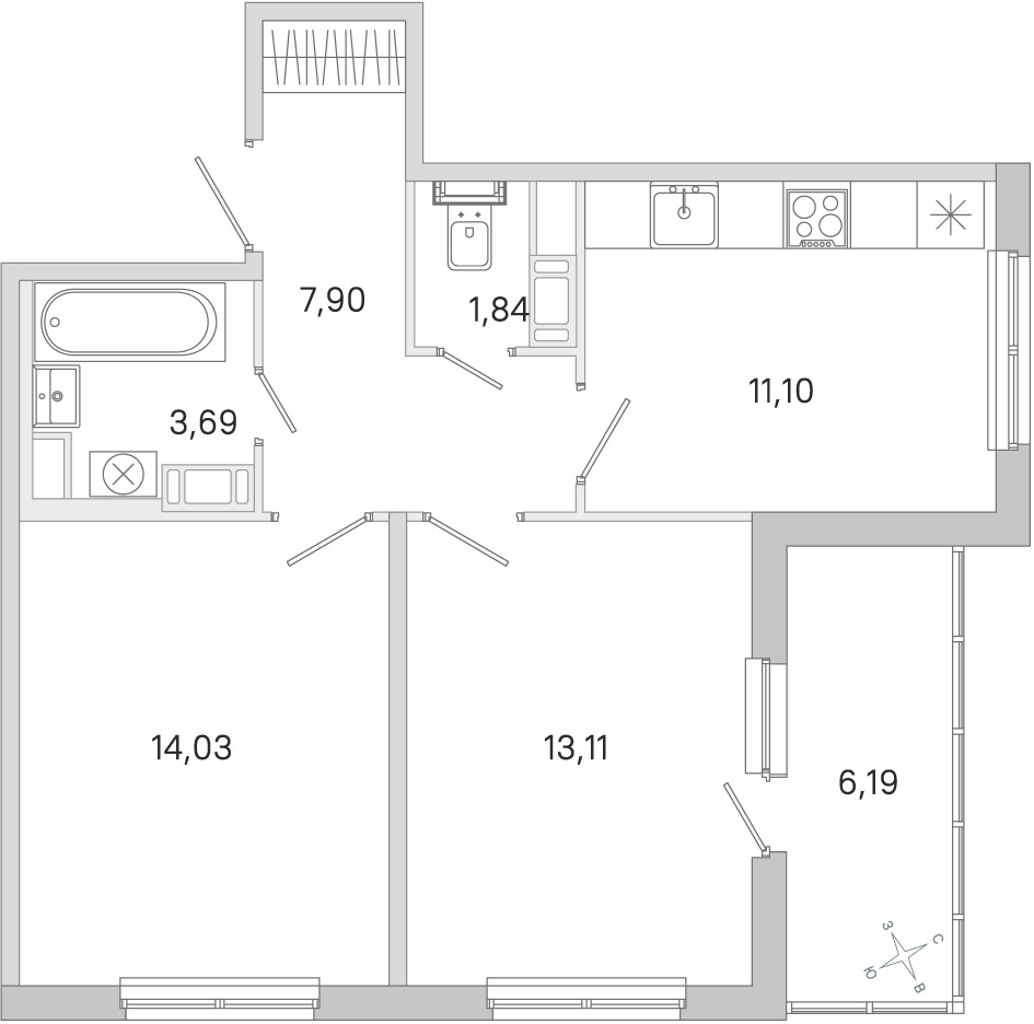 Планировка: 2-комнатная квартира, 51,7 м²