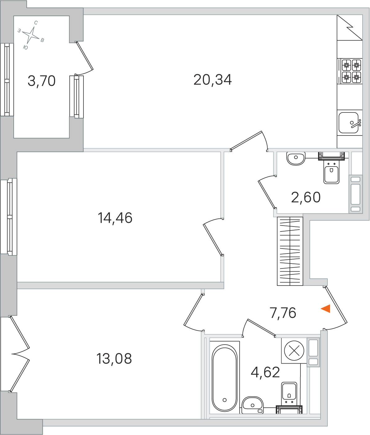 Планировка: 2-комнатная квартира, 62,9 м²