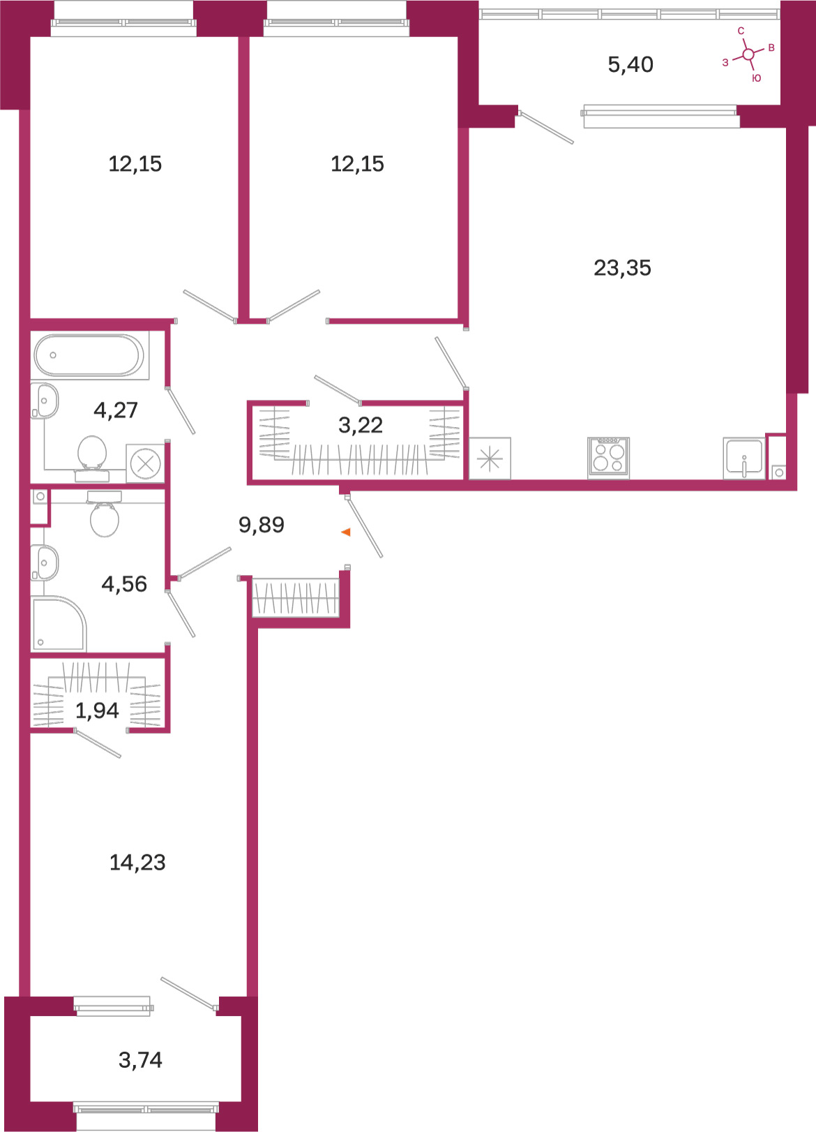 Планировка: 3-комнатная квартира, 85,8 м²