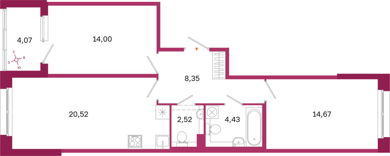Планировка: 2-комнатная квартира, 64,5 м²