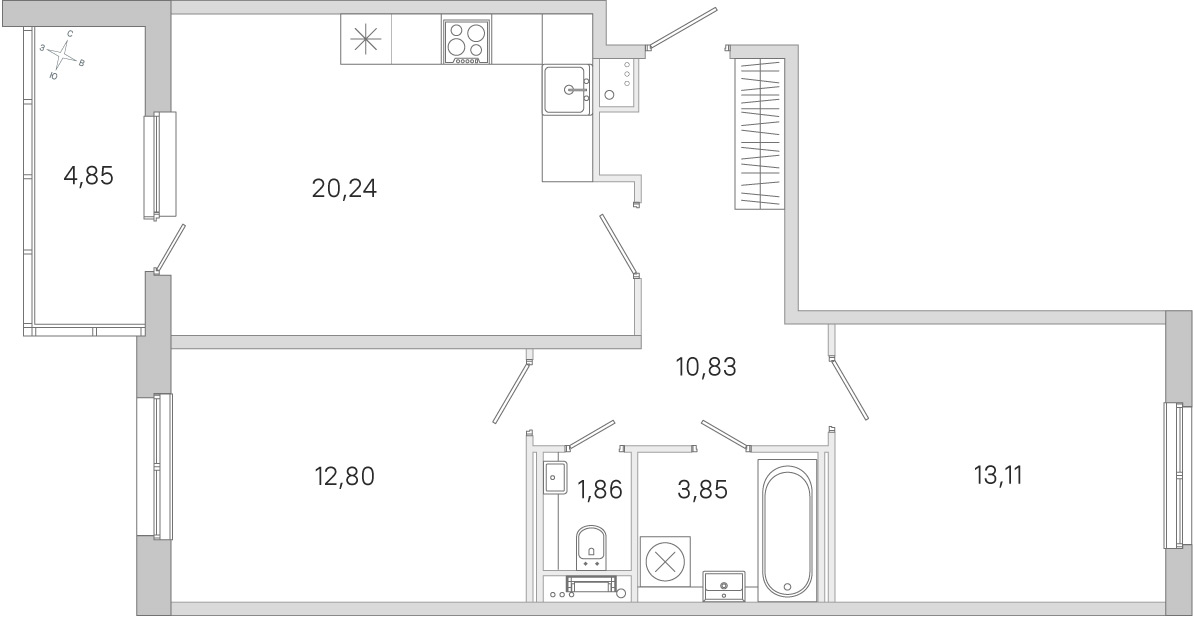 Планировка: 2-комнатная квартира, 62,7 м²