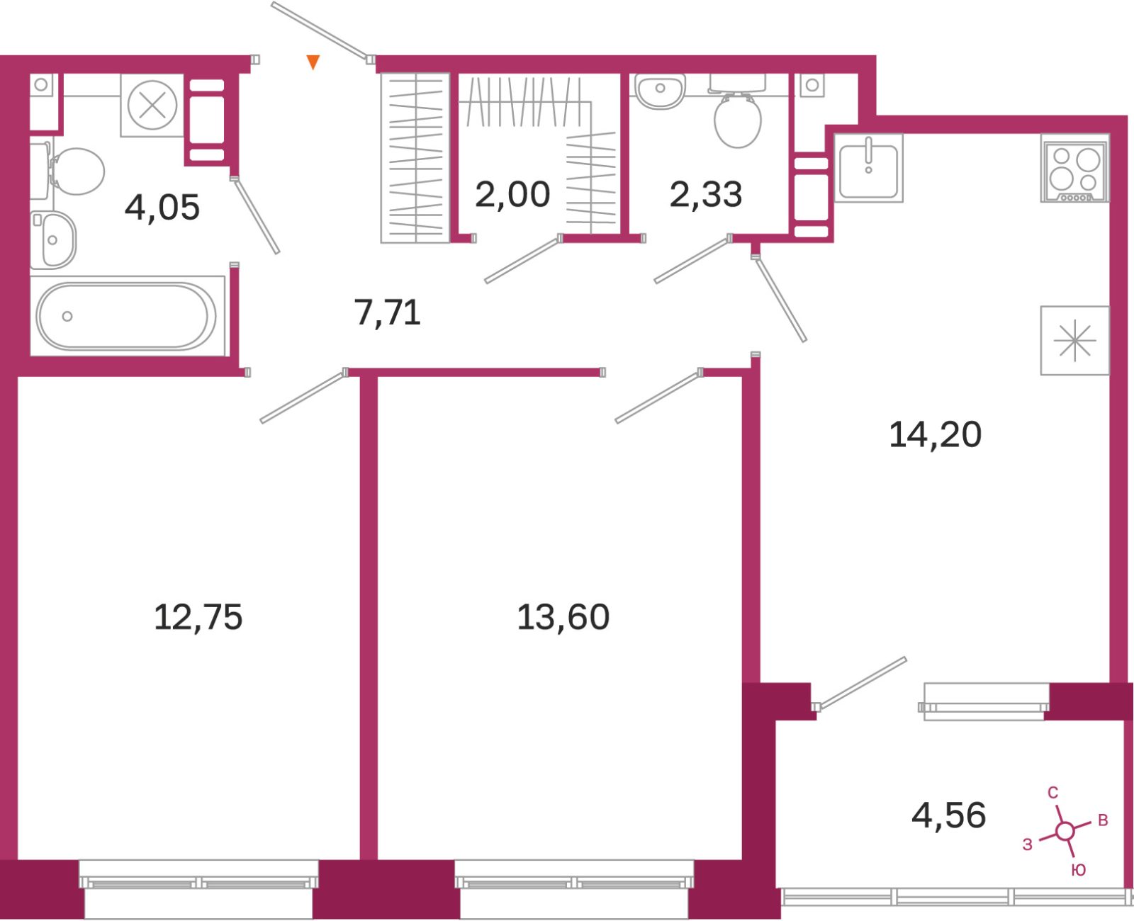 Планировка: 2-комнатная квартира, 56,6 м²