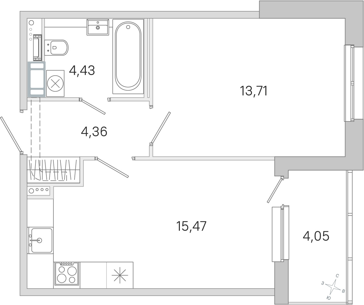 Планировка: 1-комнатная квартира, 38,0 м²