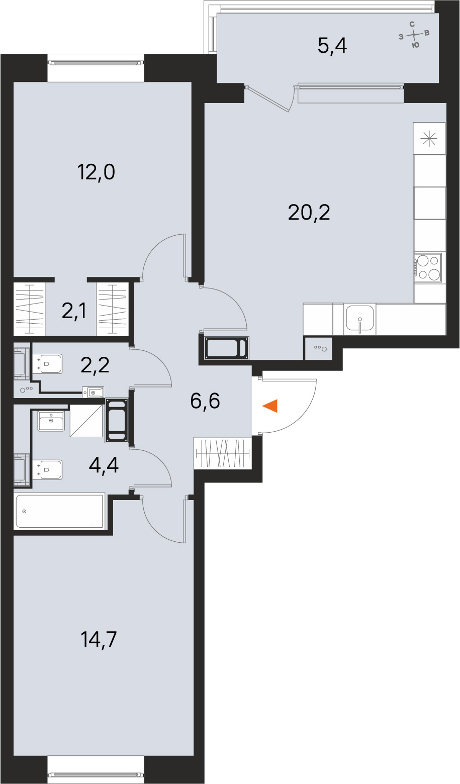 Планировка: 2-комнатная квартира, 62,2 м²