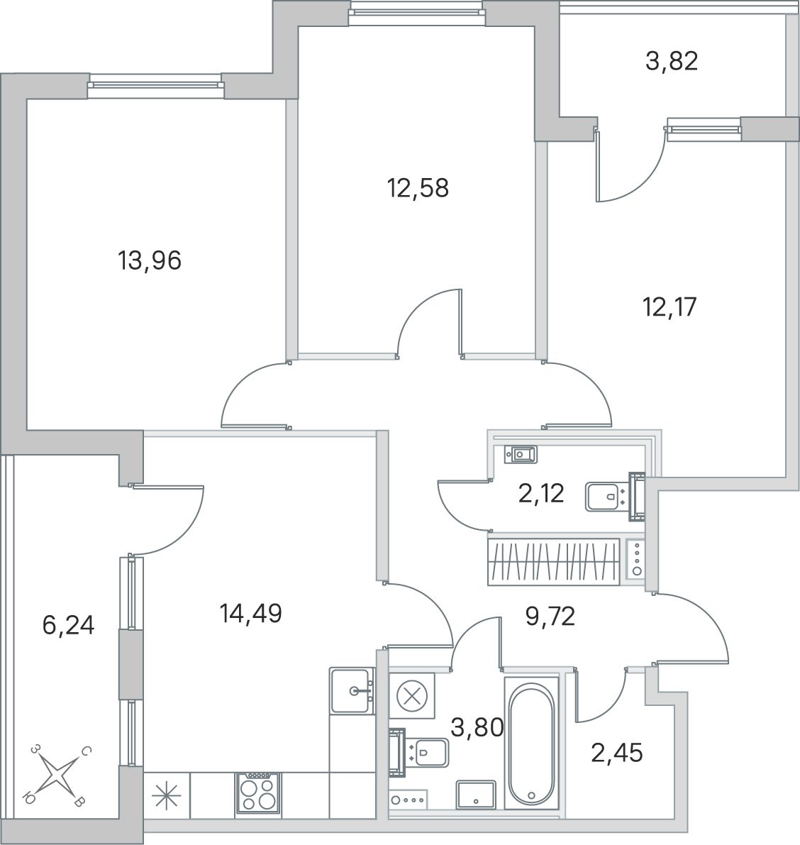 Планировка: 3-комнатная квартира, 71,3 м²