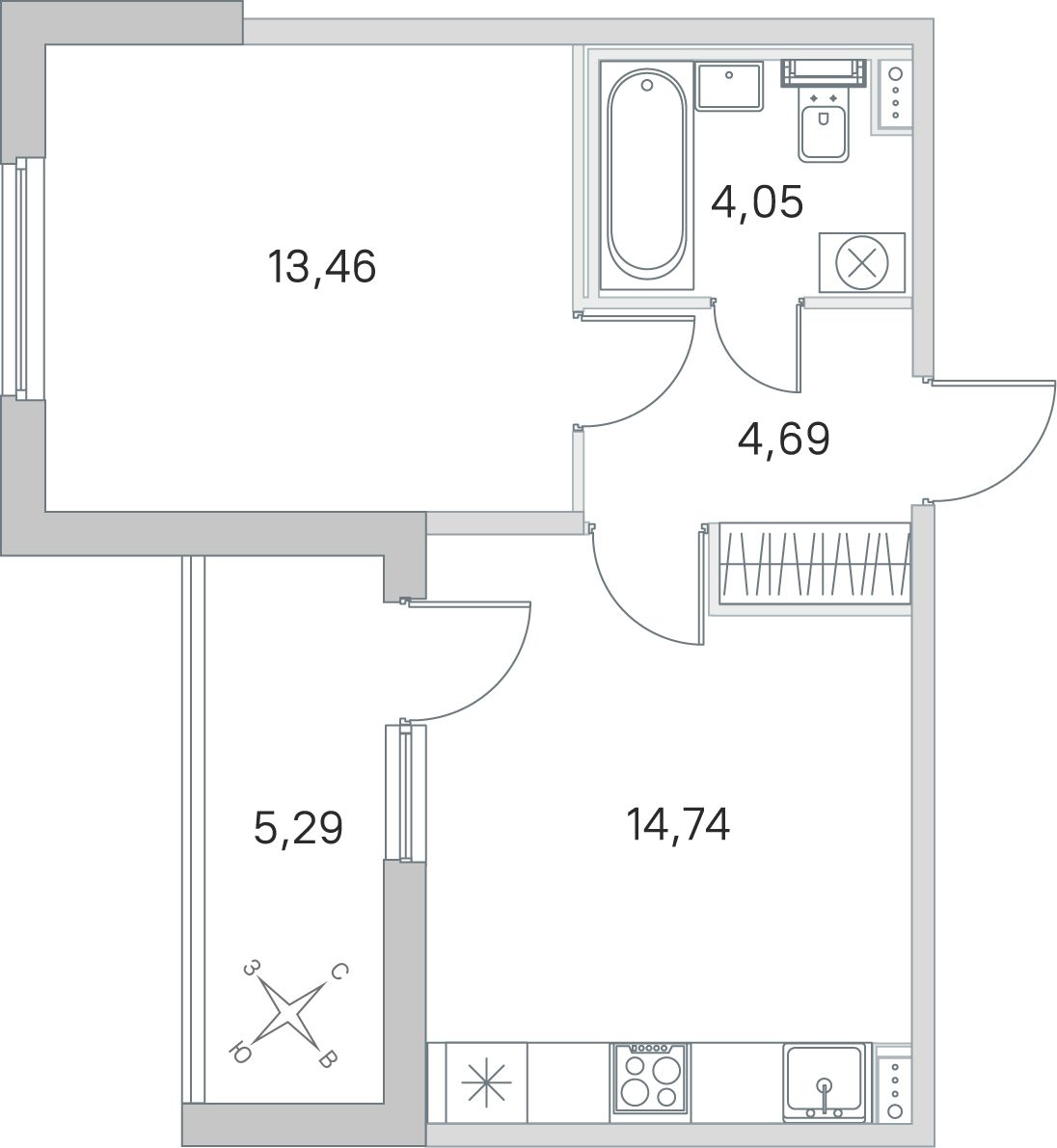 Планировка: 1-комнатная квартира, 36,9 м²