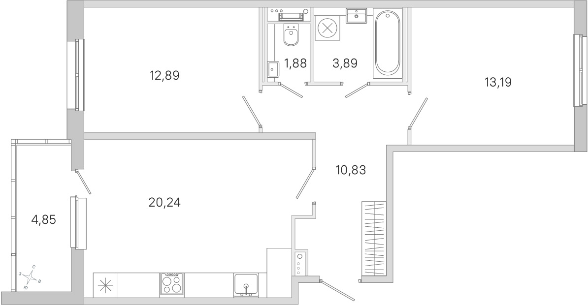 Планировка: 2-комнатная квартира, 62,9 м²