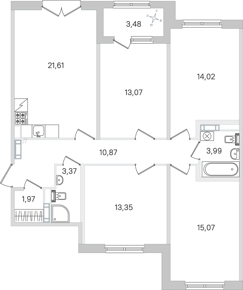 Планировка: 4-комнатная квартира, 97,3 м²