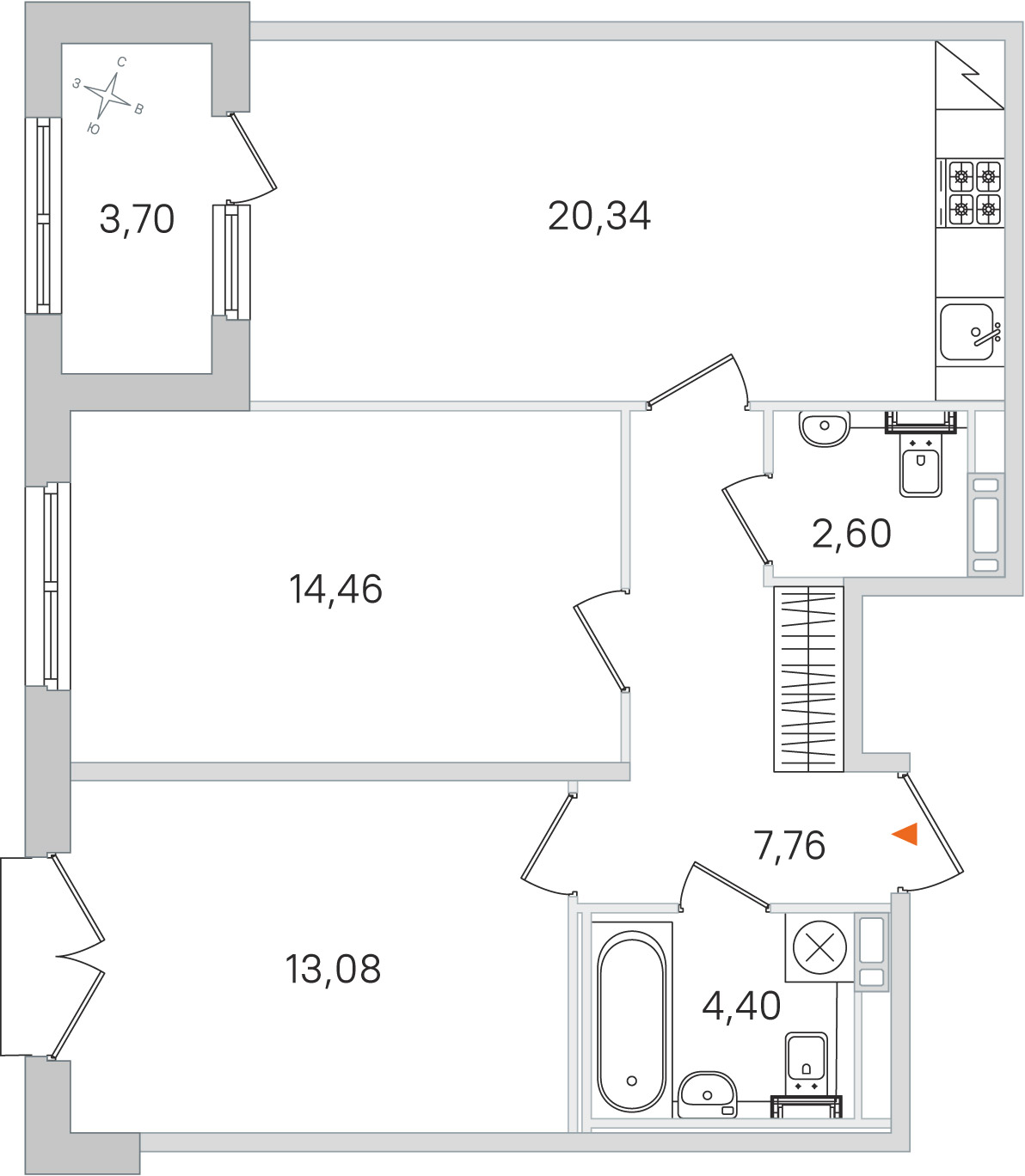 Планировка: 2-комнатная квартира, 62,6 м²