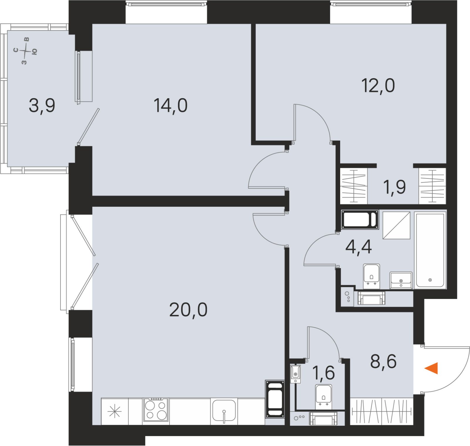Планировка: 2-комнатная квартира, 62,5 м²