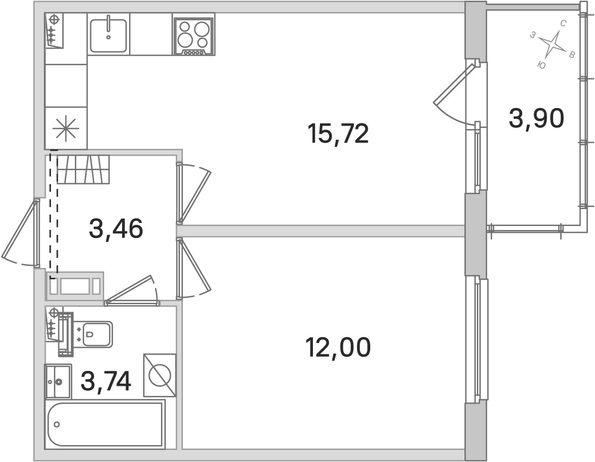 Планировка: 1-комнатная квартира, 34,9 м²