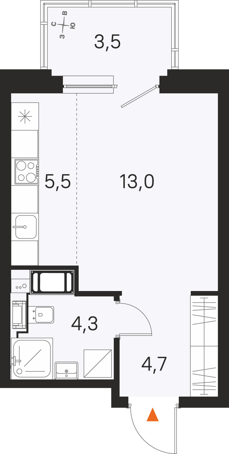 Планировка: студия, 27,5 м²