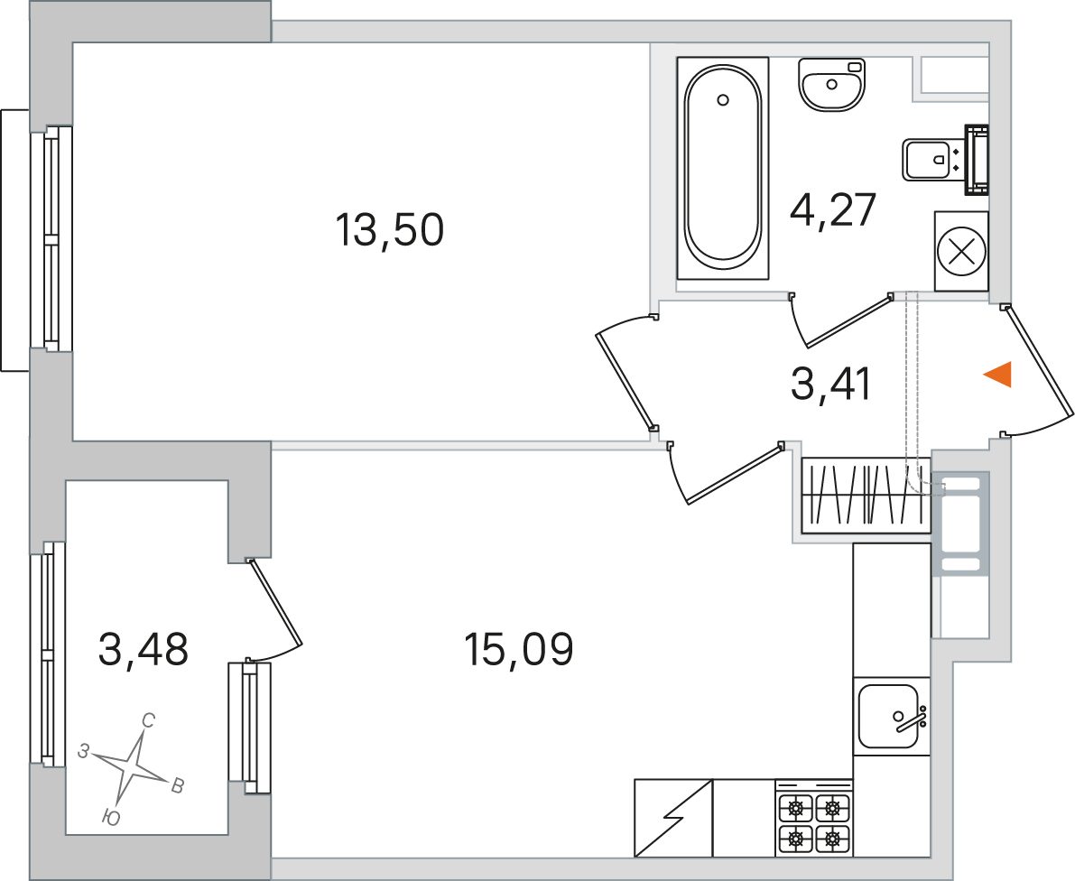 Планировка: 1-комнатная квартира, 36,3 м²