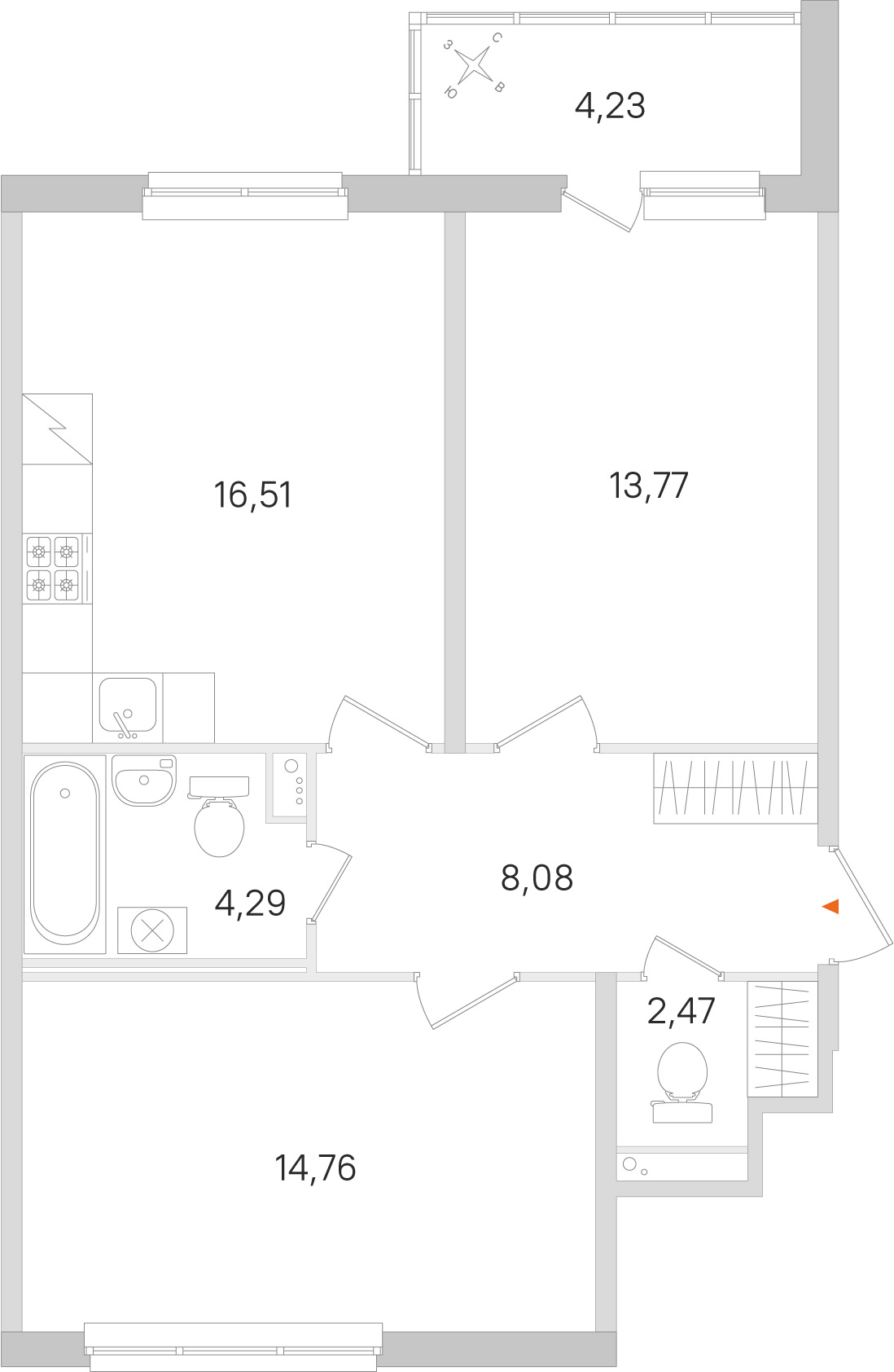 Планировка: 2-комнатная квартира, 59,9 м²