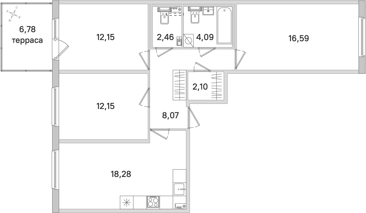 Планировка: 3-комнатная квартира, 75,9 м²