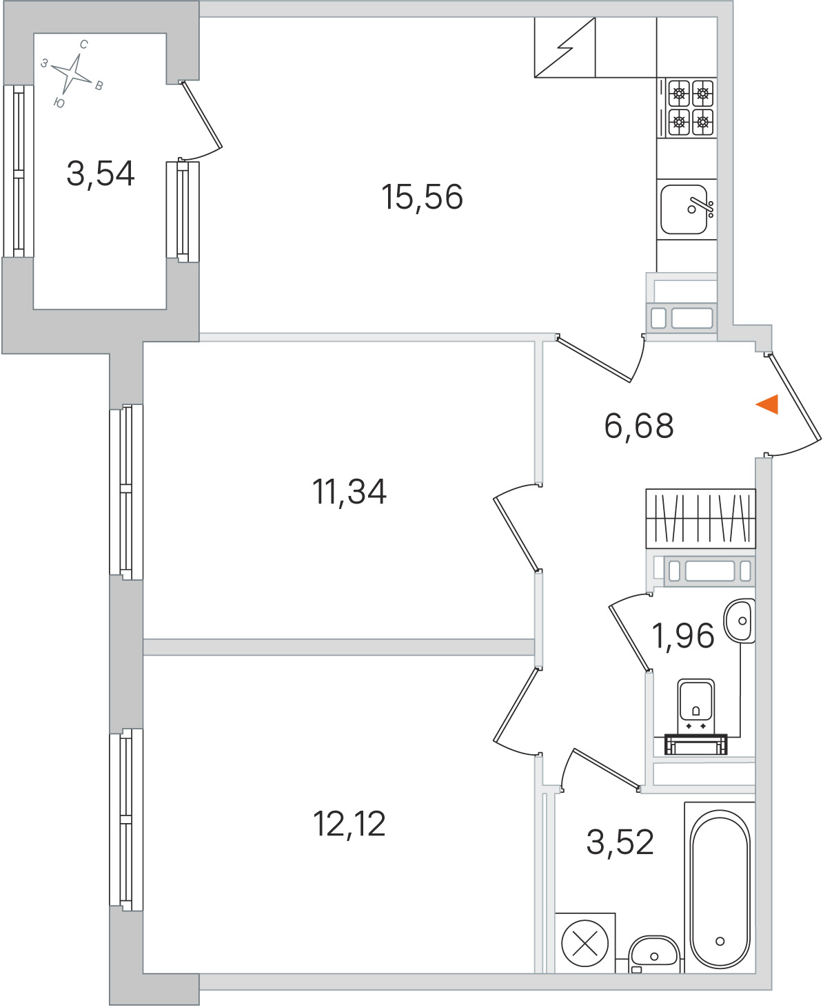 Планировка: 2-комнатная квартира, 51,2 м²