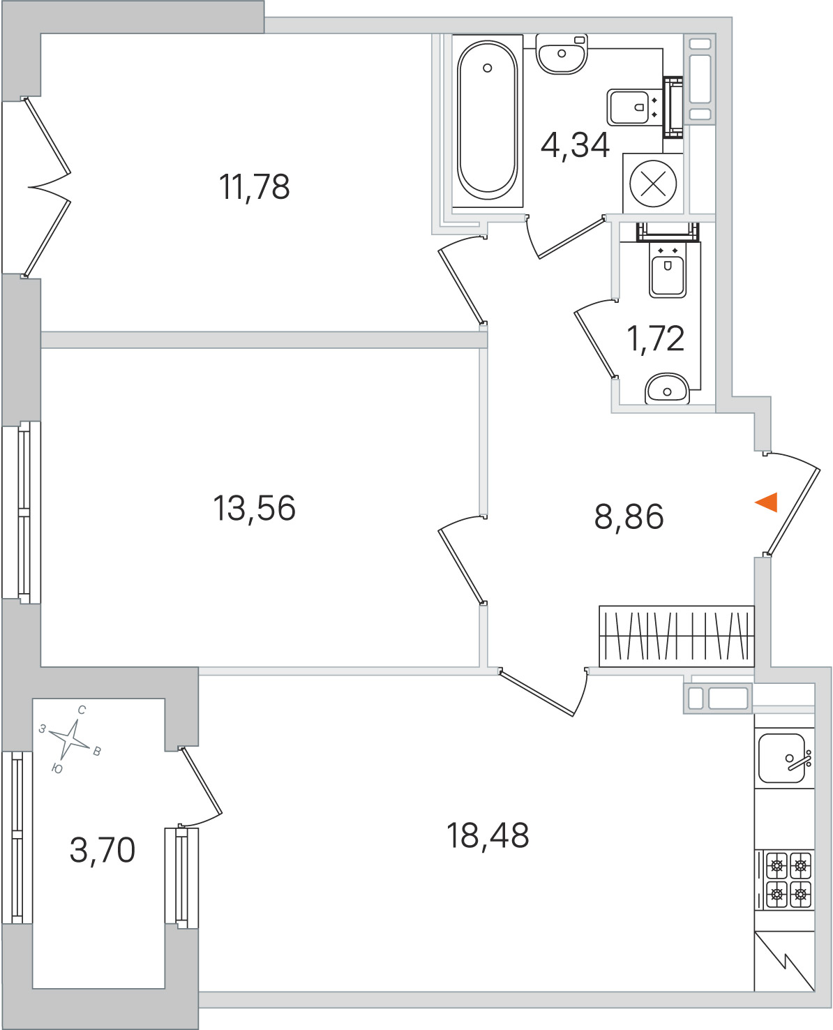 Планировка: 2-комнатная квартира, 58,7 м²