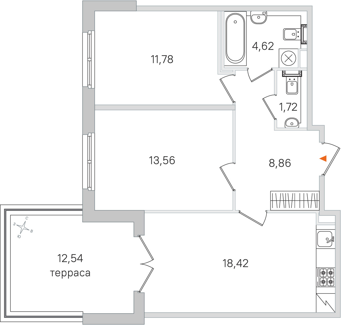 Планировка: 2-комнатная квартира, 59,0 м²