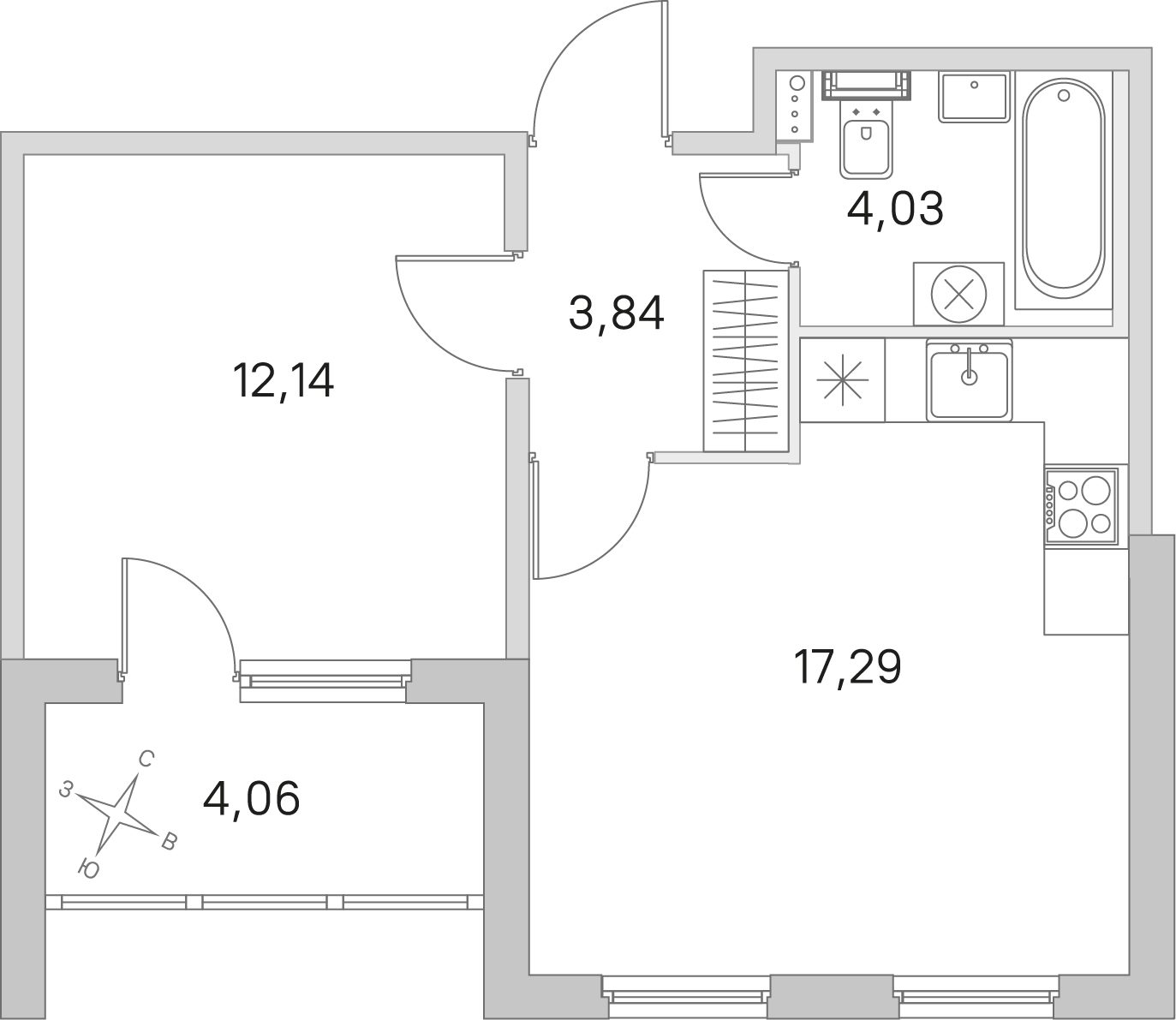 Планировка: 1-комнатная квартира, 37,3 м²
