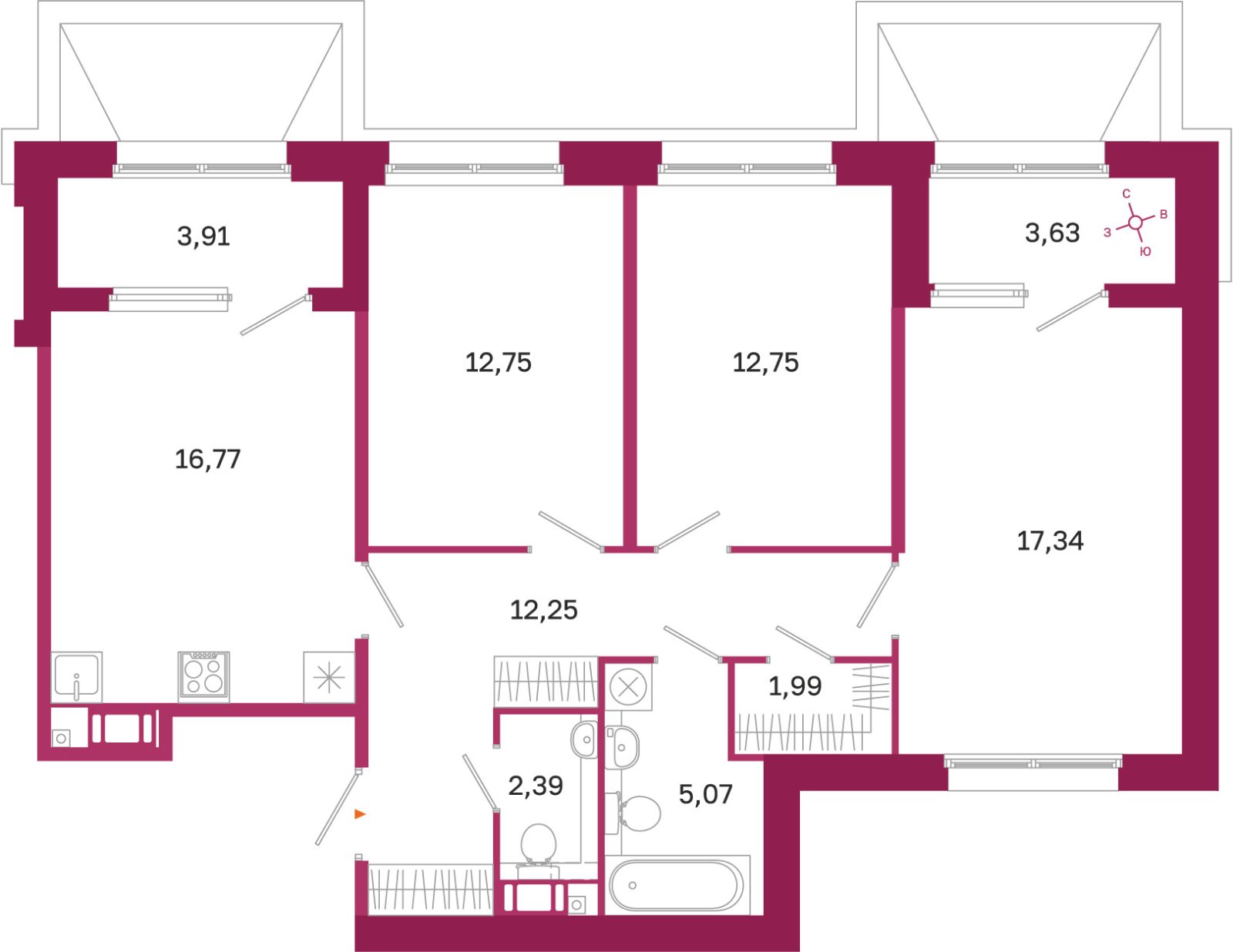 Планировка: 3-комнатная квартира, 81,3 м²