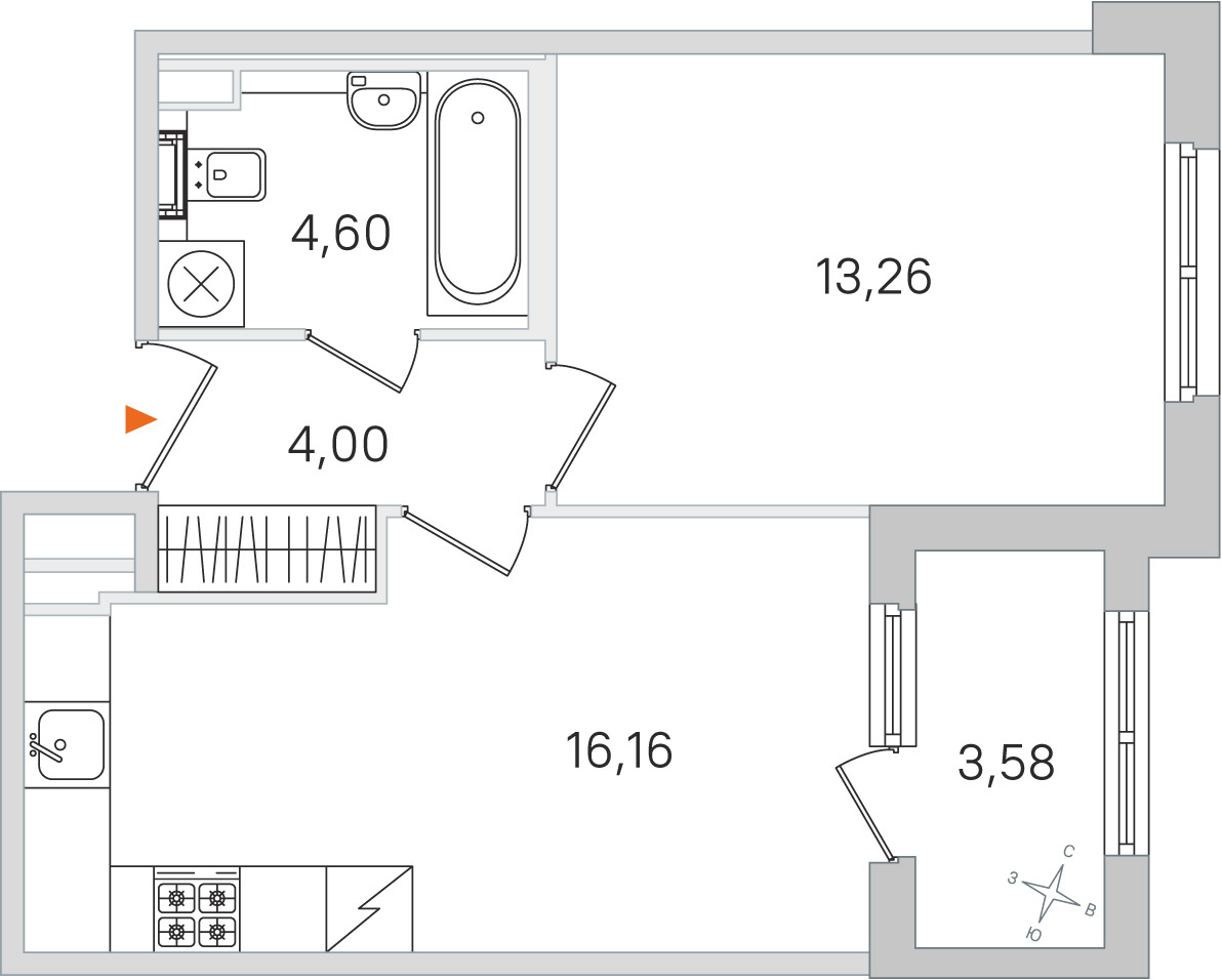 Планировка: 1-комнатная квартира, 38,0 м²