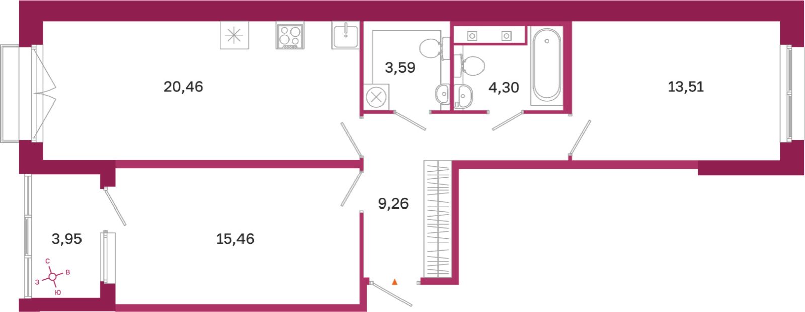 Планировка: 2-комнатная квартира, 66,6 м²