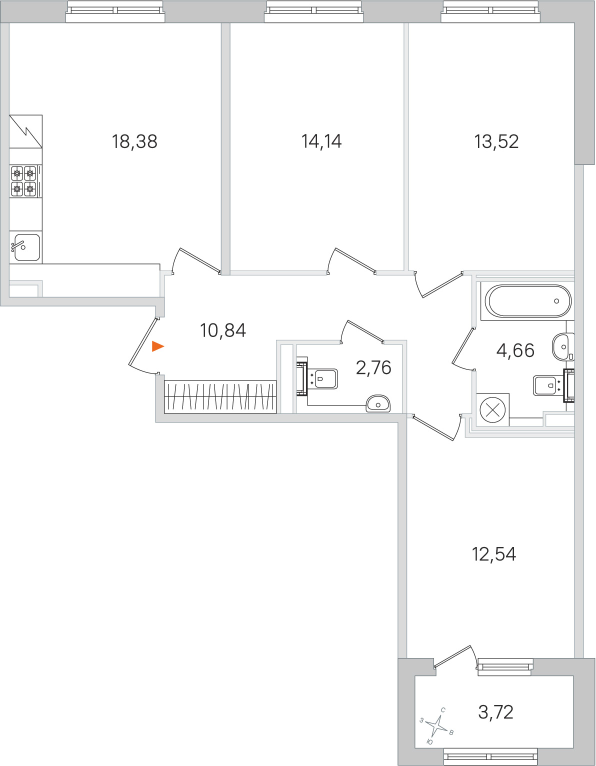 Планировка: 3-комнатная квартира, 76,8 м²