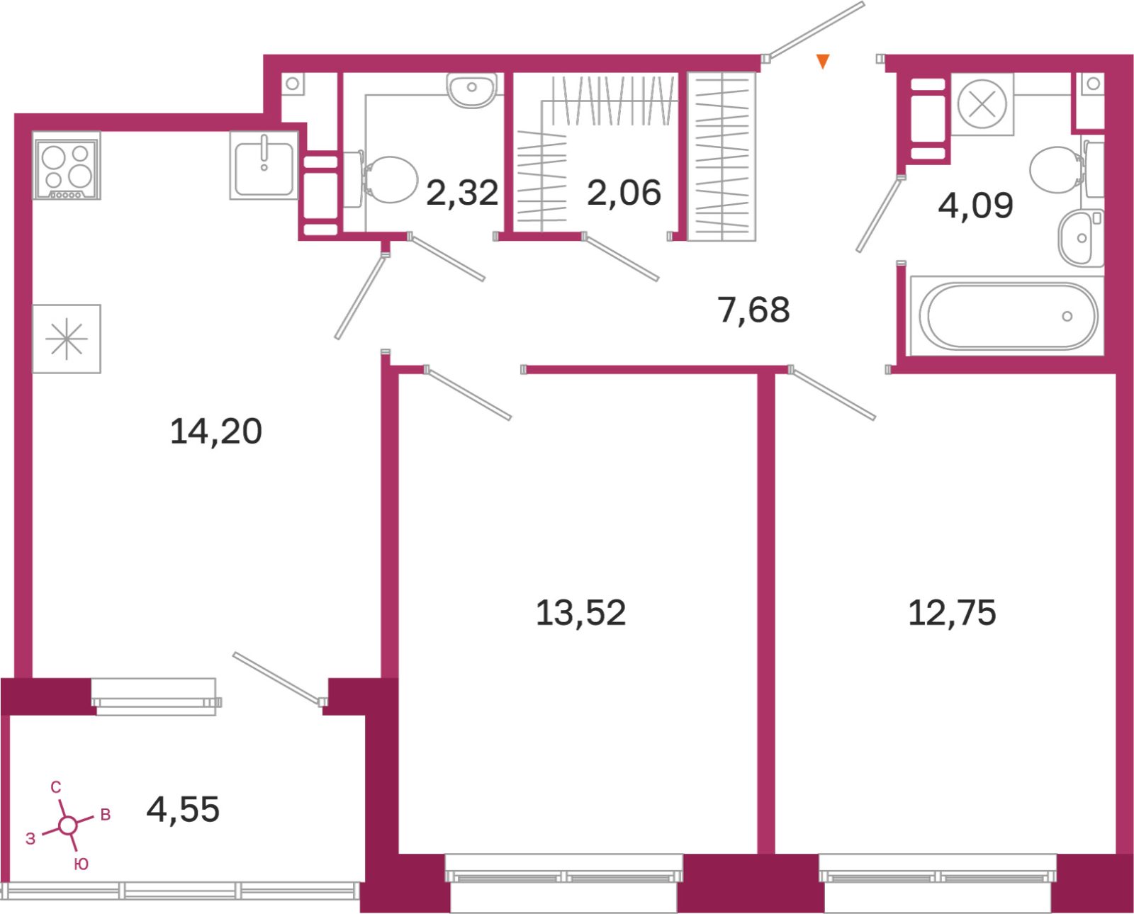 Планировка: 2-комнатная квартира, 56,6 м²