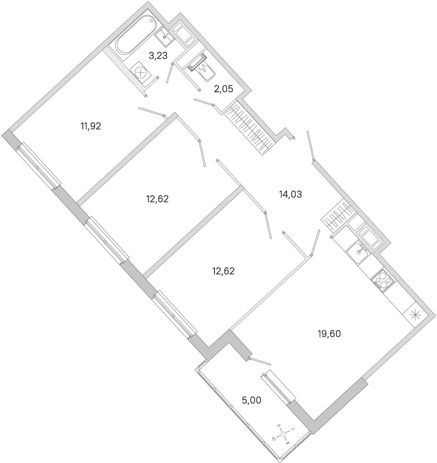 Планировка: 3-комнатная квартира, 76,1 м²