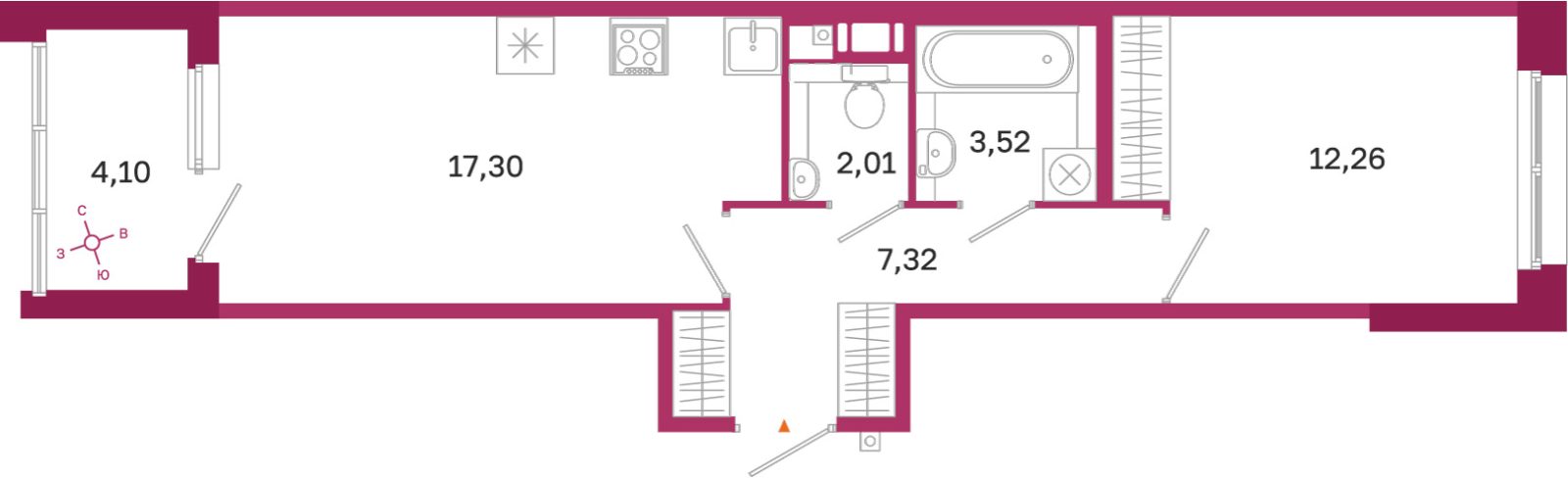 Планировка: 1-комнатная квартира, 42,4 м²