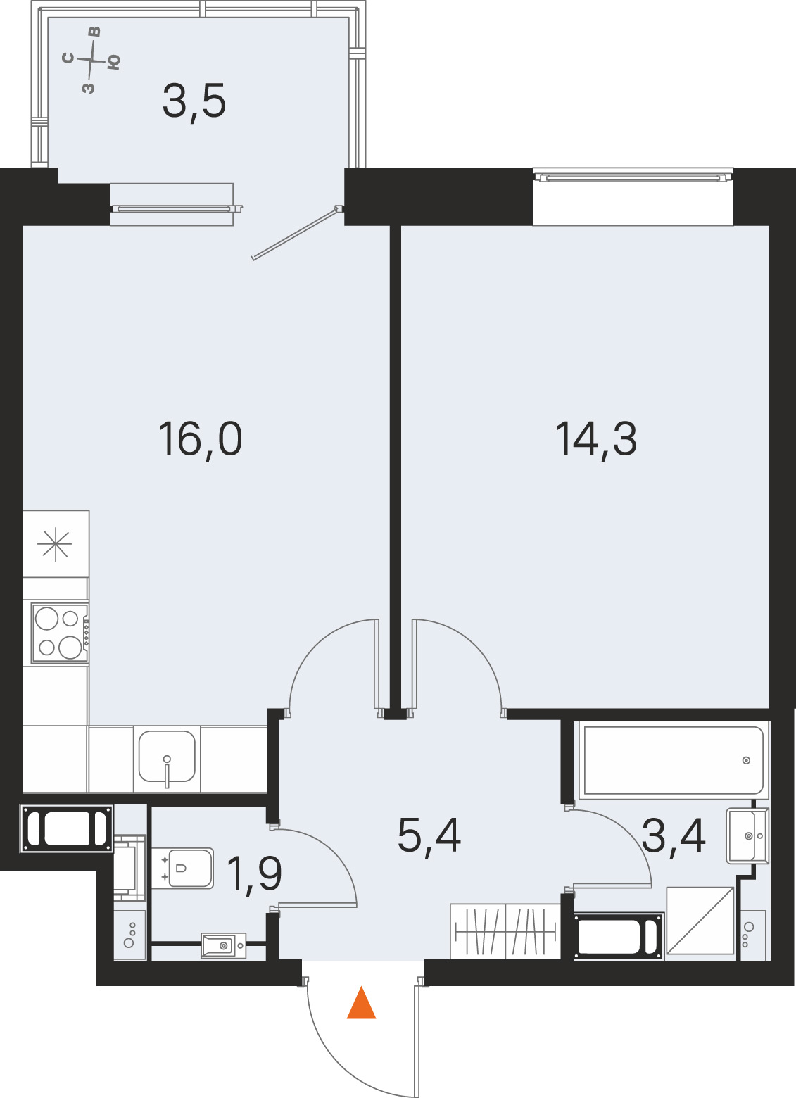 Планировка: 1-комнатная квартира, 41,0 м²