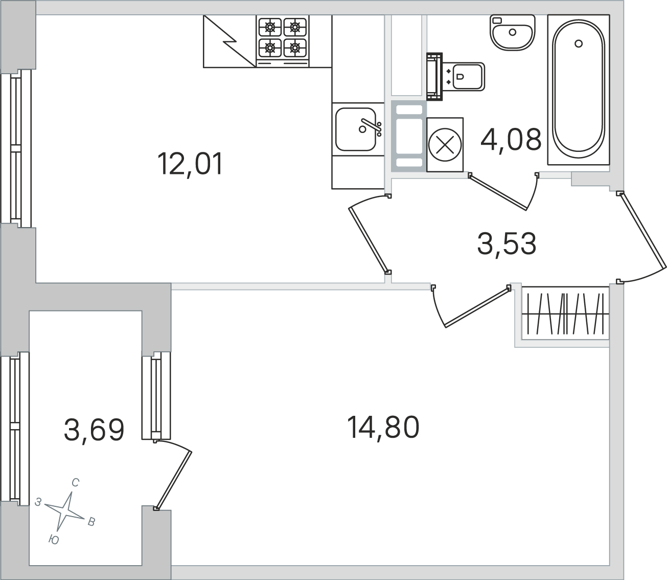 Планировка: 1-комнатная квартира, 34,4 м²