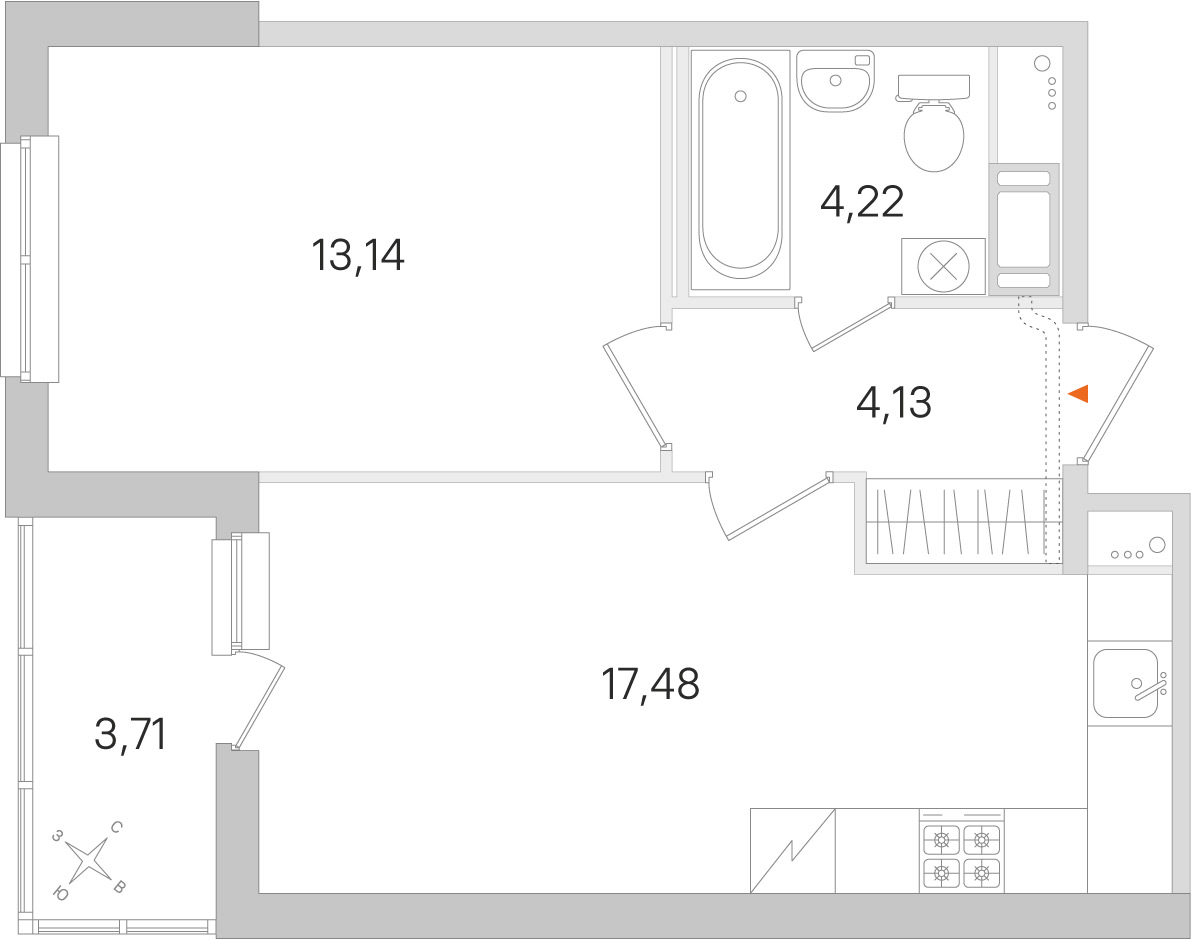Планировка: 1-комнатная квартира, 39,0 м²