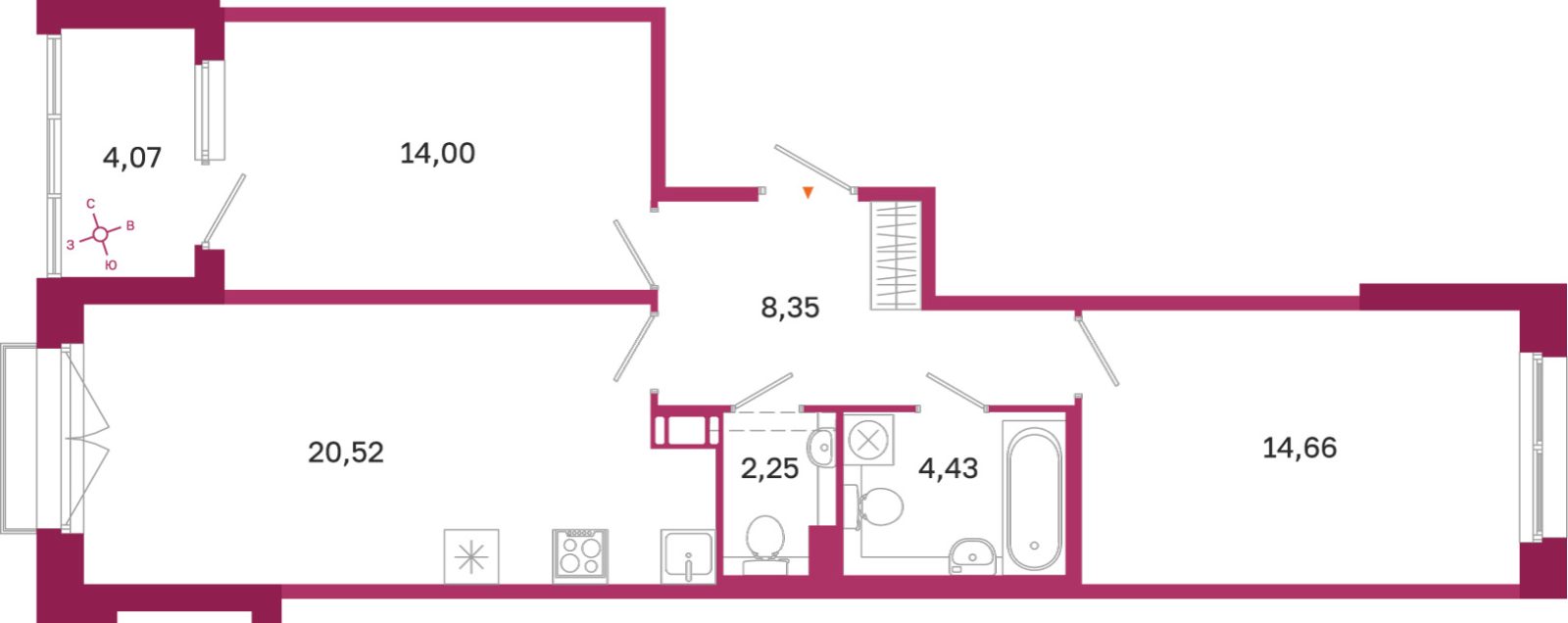 Планировка: 2-комнатная квартира, 64,2 м²
