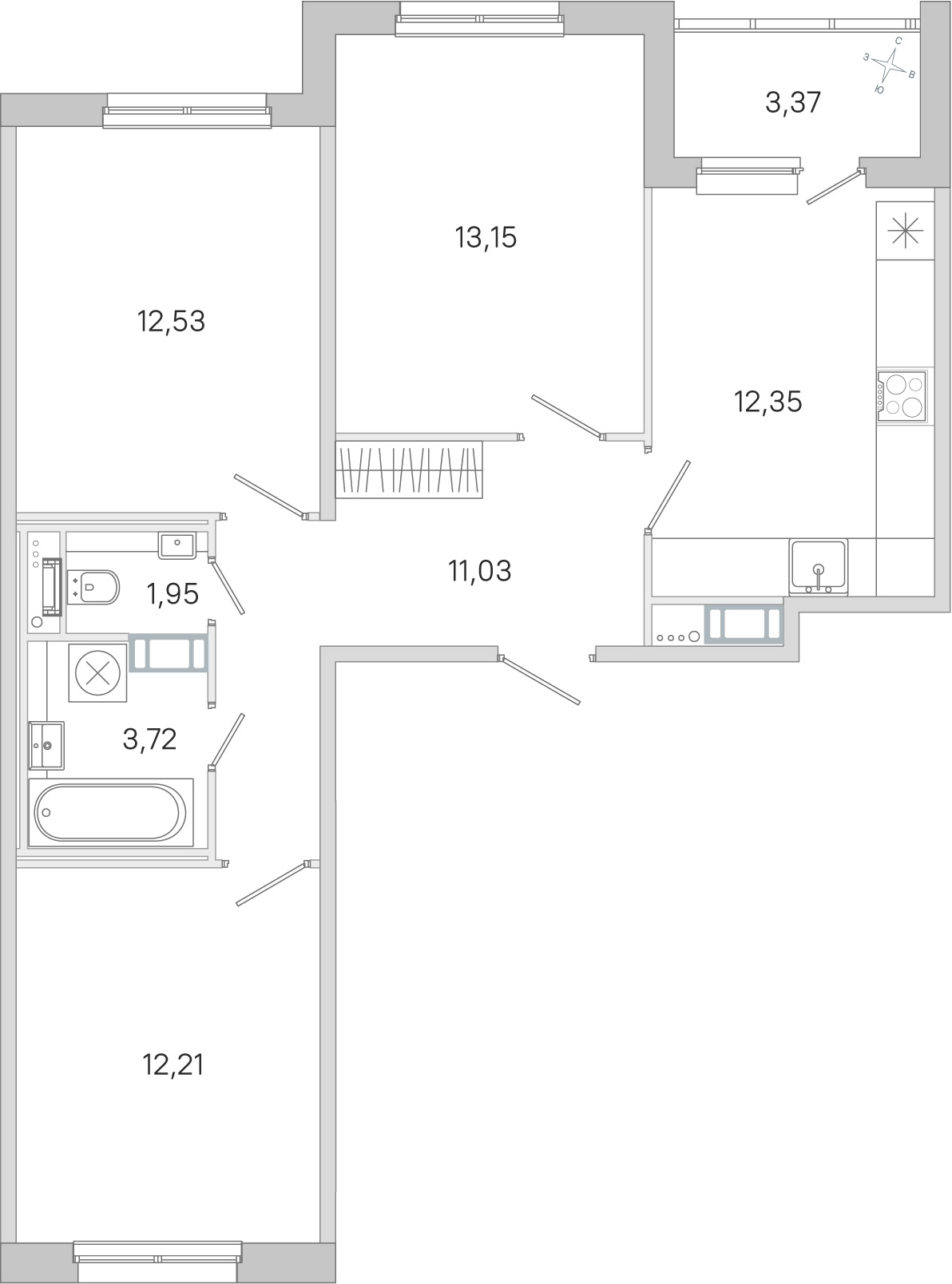 Планировка: 3-комнатная квартира, 66,9 м²