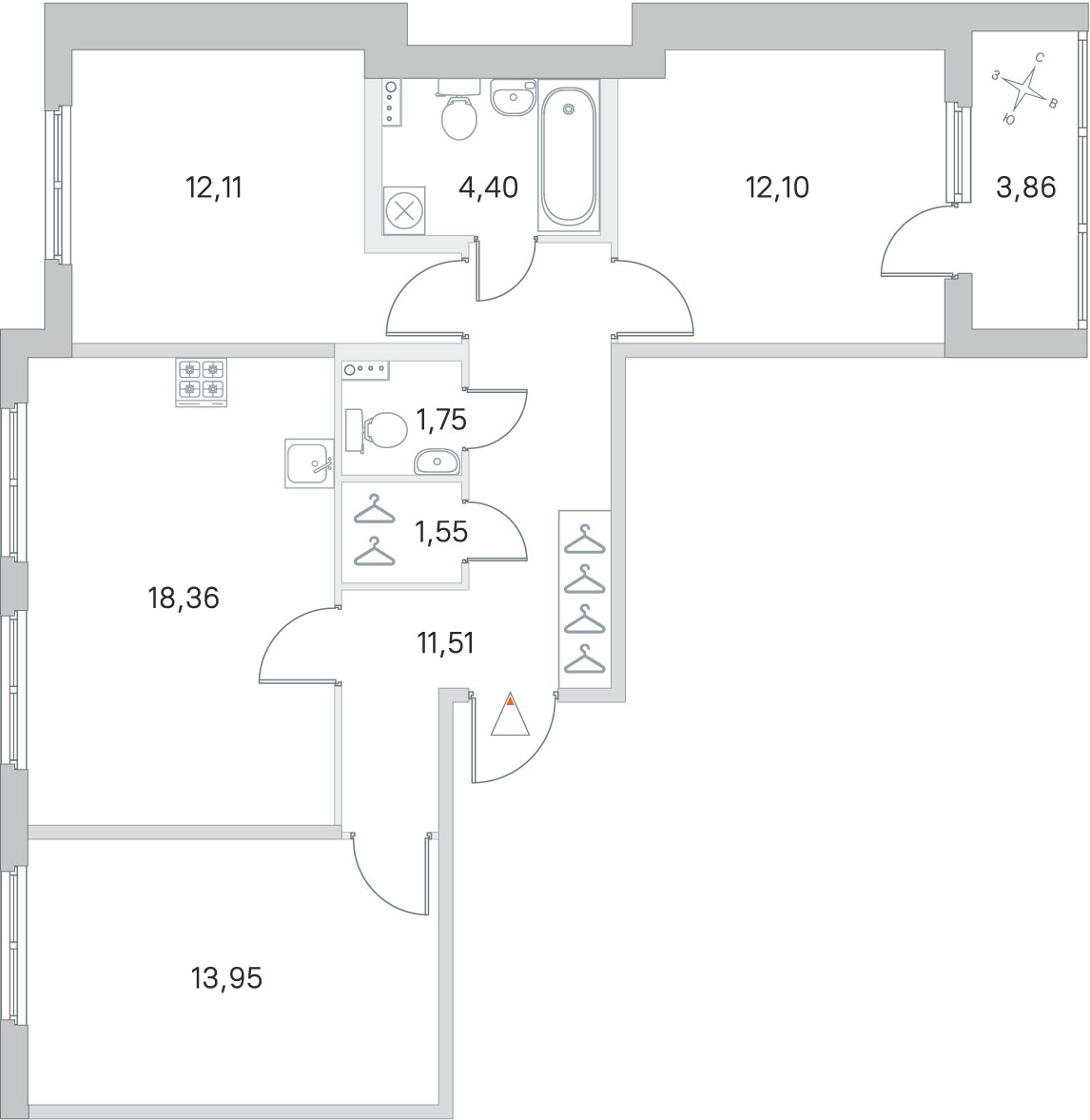 Планировка: 3-комнатная квартира, 75,7 м²
